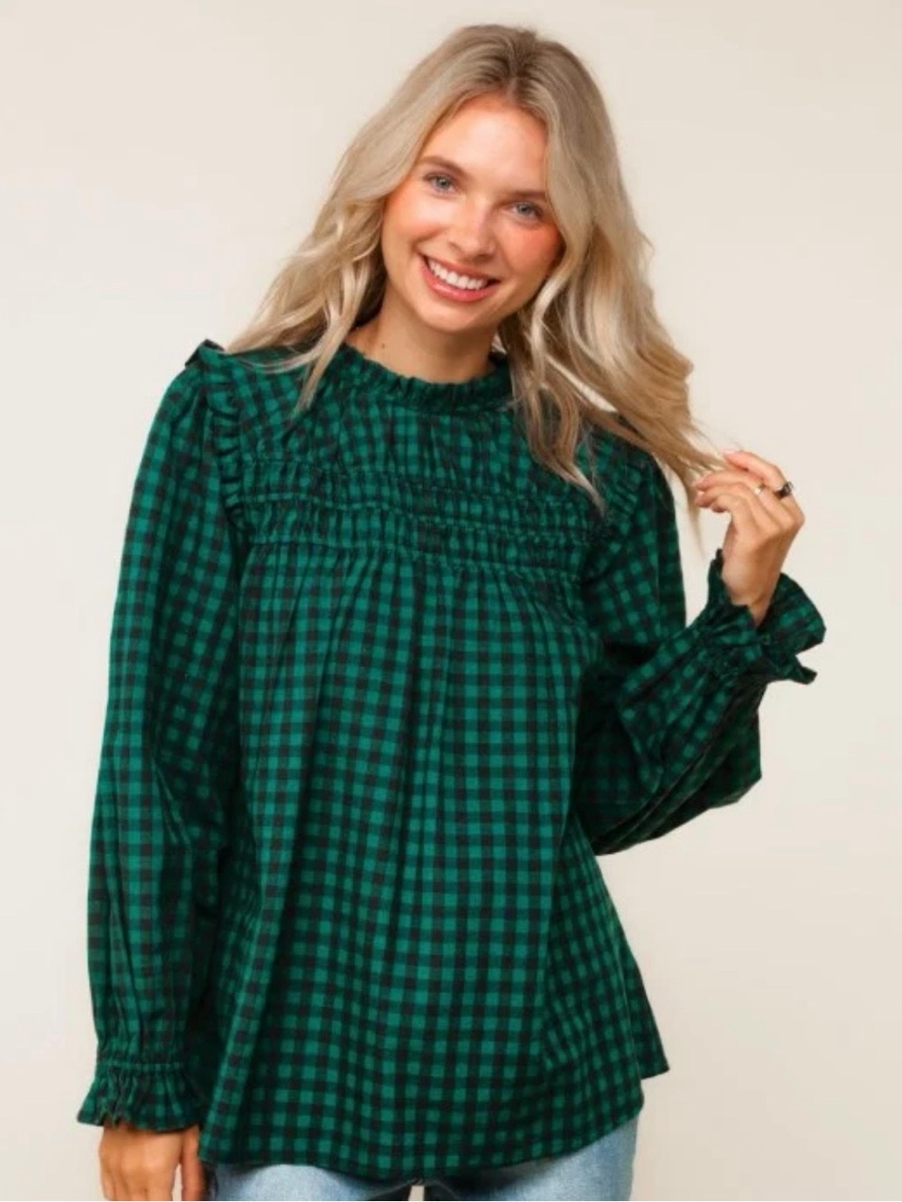 Haptics Green Frilled Mock Neck Gingham Check Woven Long Sleeve Blouse Size M